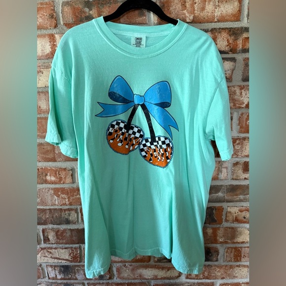 Comfort Colors Mint Tee with Blue Bow and cherry Checkered Design - Picture 1 of 6